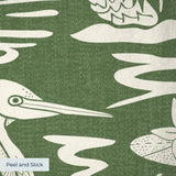Tropical pattern with white herons, palm fronds, and ferns on dark green background