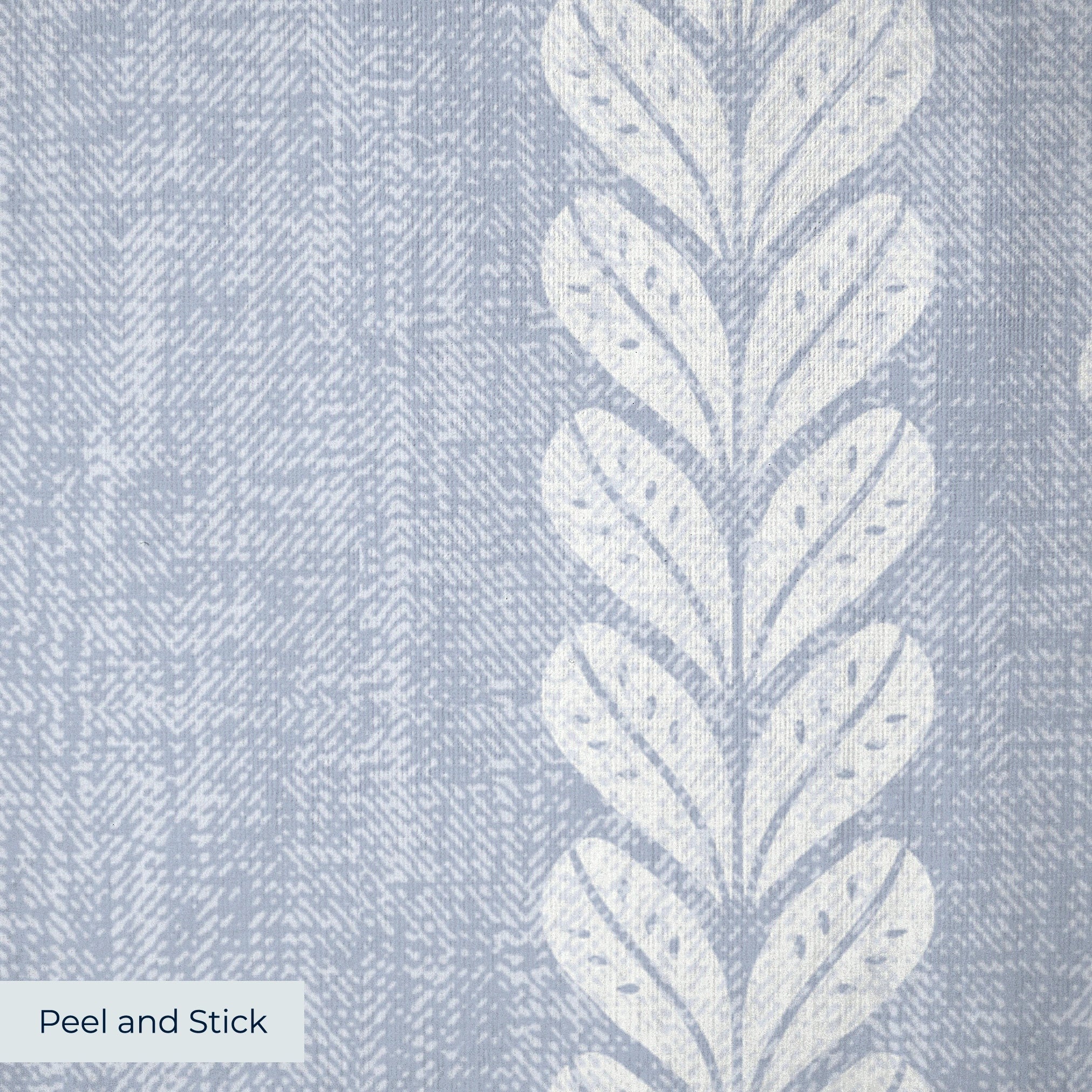 Blue and white vertical stripe pattern with leaf motifs and textured linen background