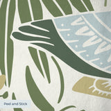 Decorative botanical pattern with green ferns, leaves, mushrooms, and flowers on cream background