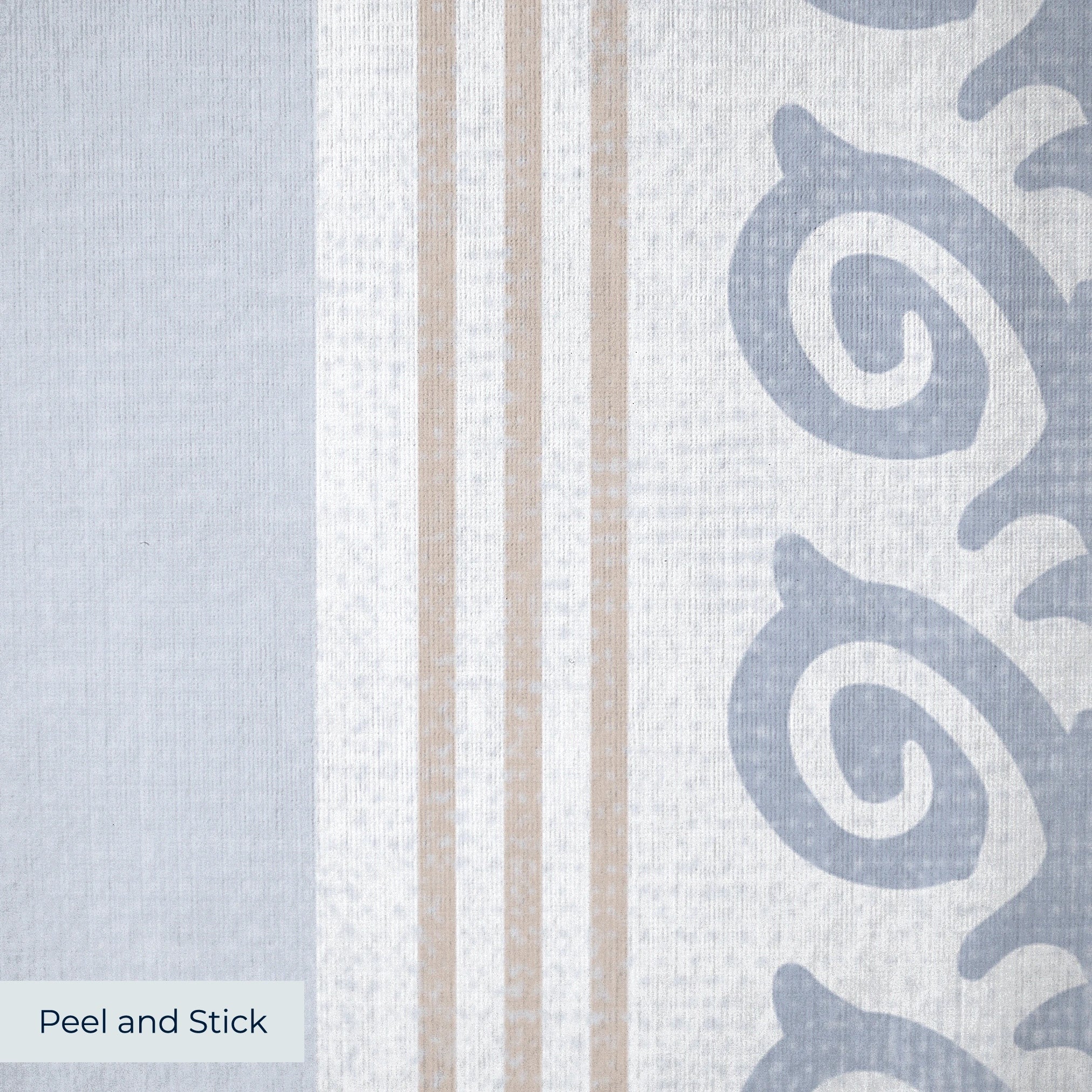Blue and white vertical striped pattern with decorative floral motifs