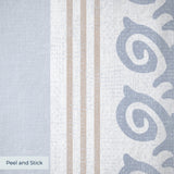 Blue and white vertical striped pattern with decorative floral motifs