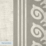 Vertical stripes pattern in beige and white with decorative scrollwork motifs alternating with plain