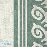 Vertical striped pattern with ornate scrollwork borders in sage green and cream tones