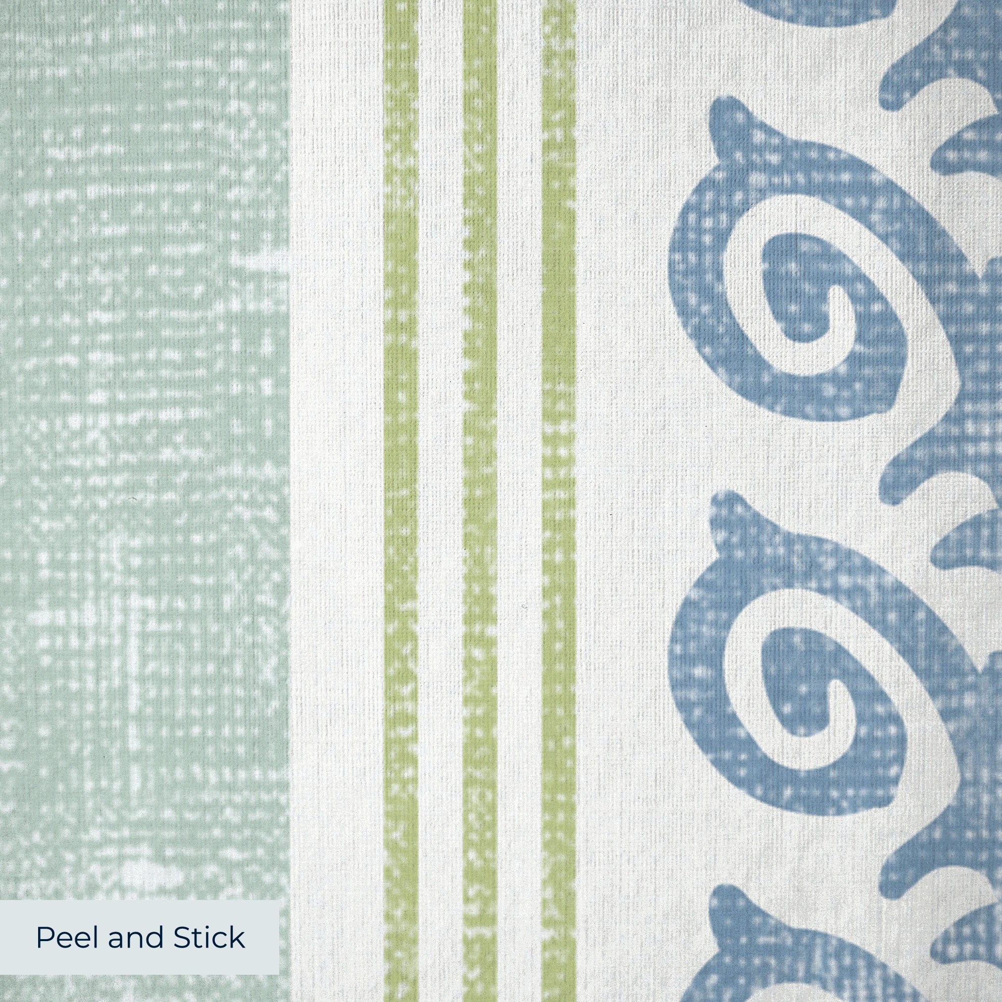 Vertical stripes with blue floral vine pattern on cream and light blue background