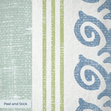 Vertical stripes with blue floral vine pattern on cream and light blue background