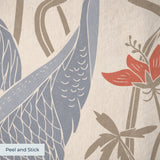 Herons and cranes among red flowers and beige foliage in Asian-inspired decorative pattern