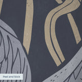 Herons and cranes among reeds and red flowers on dark blue background in decorative pattern