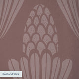 Art deco style pattern with stylized pinecones and fan shapes in muted rose and mauve tones