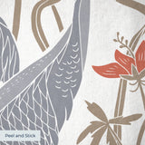 Decorative pattern with gray herons, brown rabbits, and red-orange flowers on white background