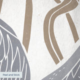 Decorative pattern with gray herons, beige rabbits, and coral-red flowers on white background