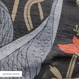 Decorative pattern with gray herons, red flowers, and beige foliage on dark background