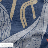 Blue wallpaper pattern with gray cranes, red flowers, and beige cattails in an Asian-inspired design