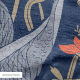 Herons amid flowering plants on navy blue background, decorative pattern with coral blooms and folia