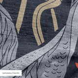 Herons and cranes among reeds and red flowers on dark blue background in decorative pattern