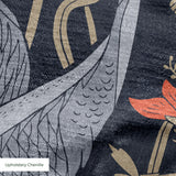 Herons and cranes among red flowers and reeds on dark blue background in decorative pattern