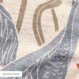 Decorative pattern with blue herons, beige cranes, and red flowers on cream background