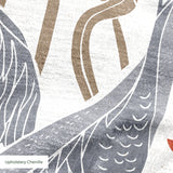 Decorative pattern with gray herons, beige rabbits, and coral-red flowers on white background
