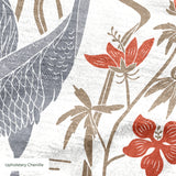 Decorative pattern with gray herons, brown rabbits, and red-orange flowers on white background