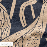 Herons and cranes among reeds and flowers in beige on dark navy blue background