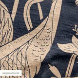 Elegant herons and cranes with flowers in beige on dark navy blue background, nature pattern
