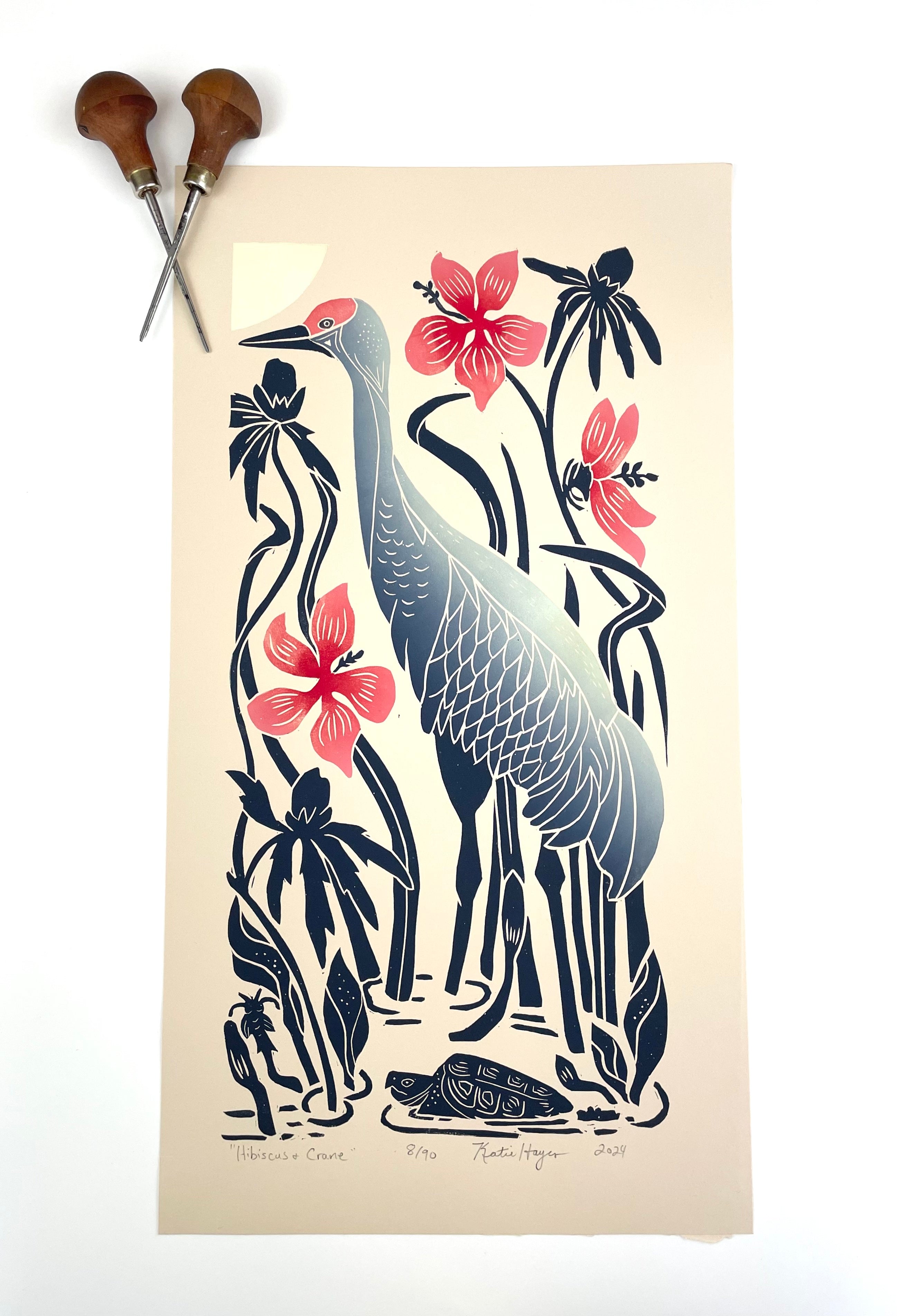 Hibiscus and Crane. Limited Edition block print with 13x19 mat