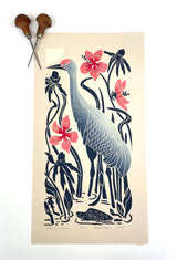 Hibiscus and Crane. Limited Edition block print with 13x19 mat