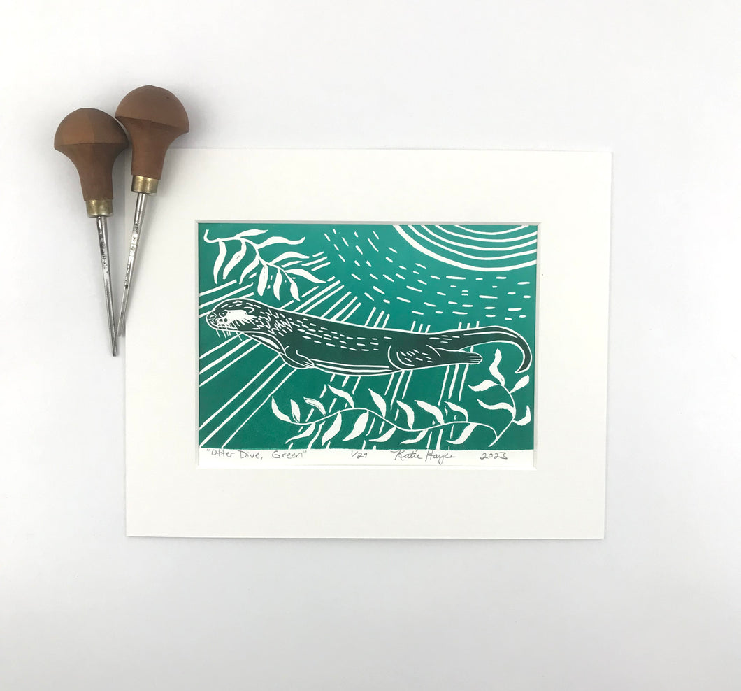 Otter Dive, Green Edition, Mini Block Print, Limited Edition, Wetland wall art