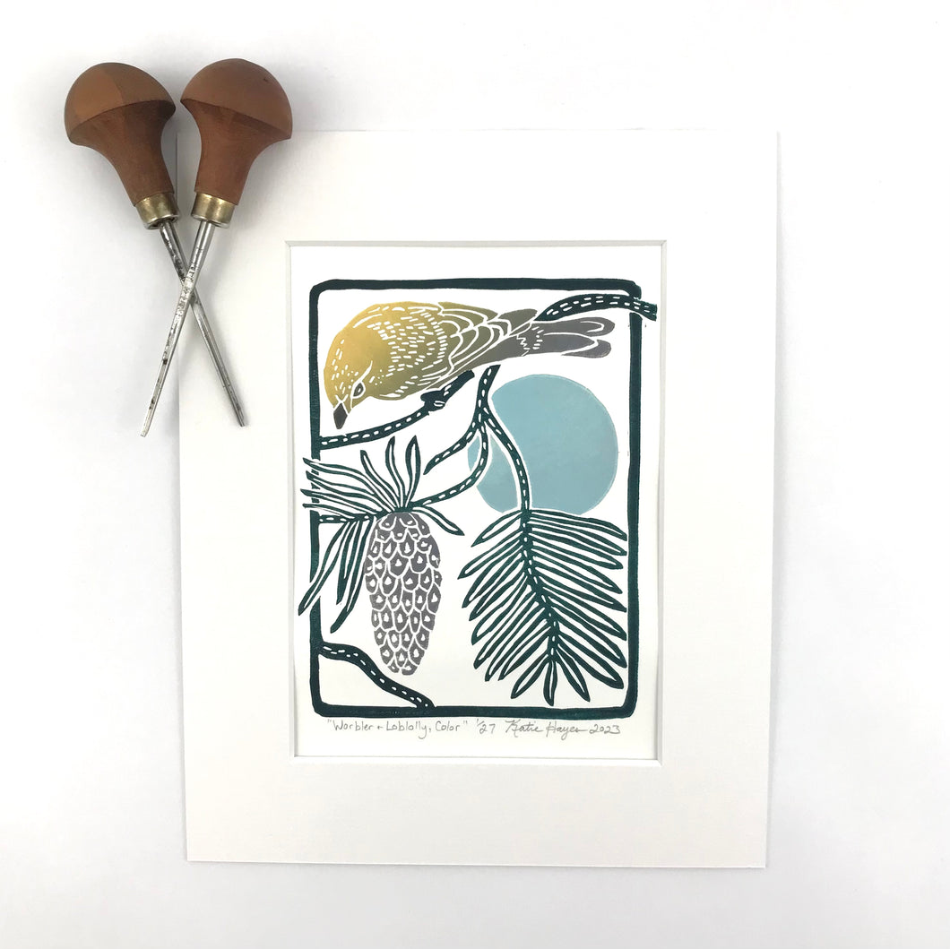 Pine Warbler, Full color, Mini Block Print, Limited Edition, backyard bird art