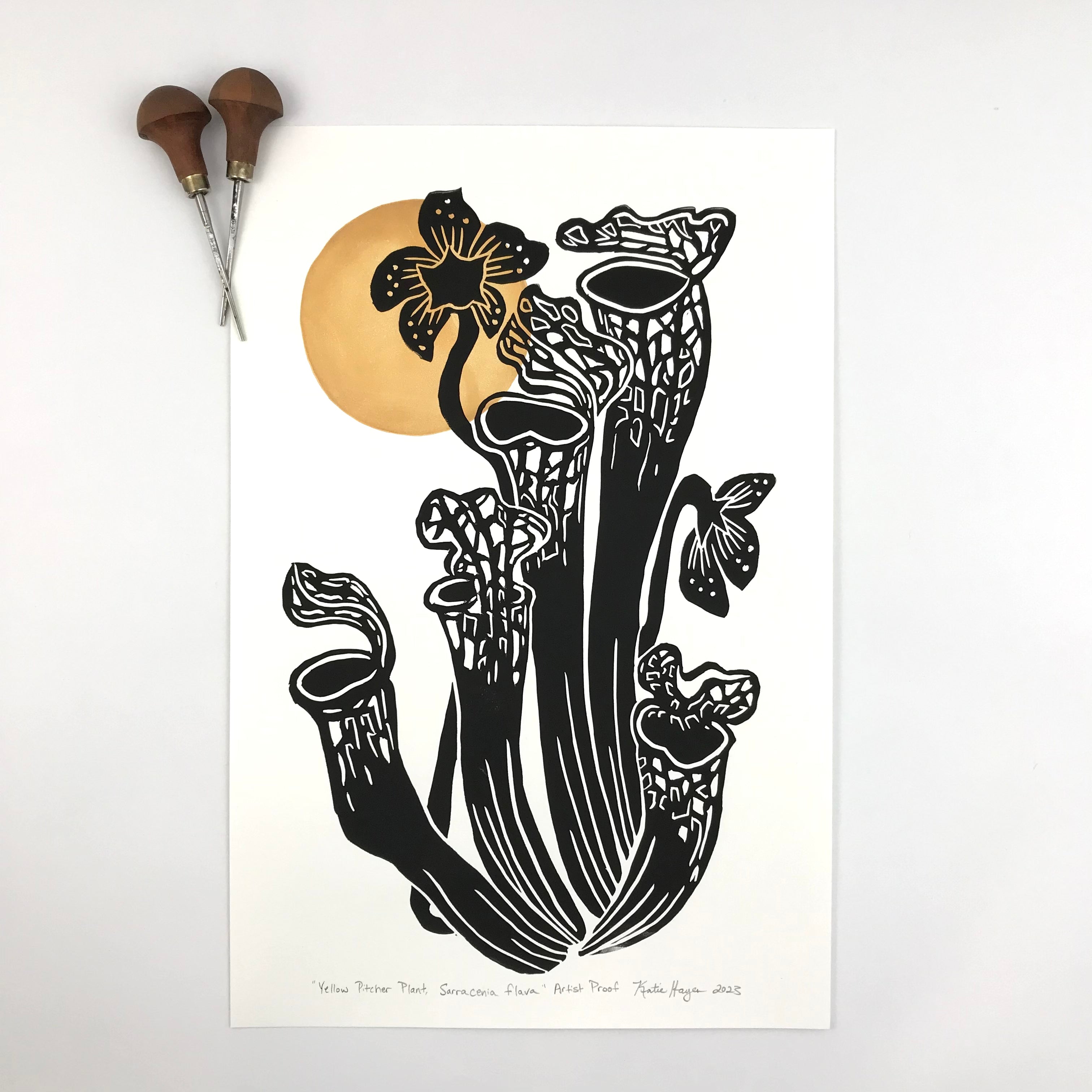 Pitcher Plant, Artist Proof. Mid Century Botanical, block print with 18x24 mat