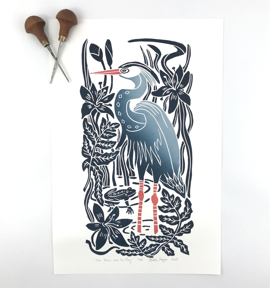 The Heron and The Frog, full color wetland block print. Hand pulled with 13x19 mat