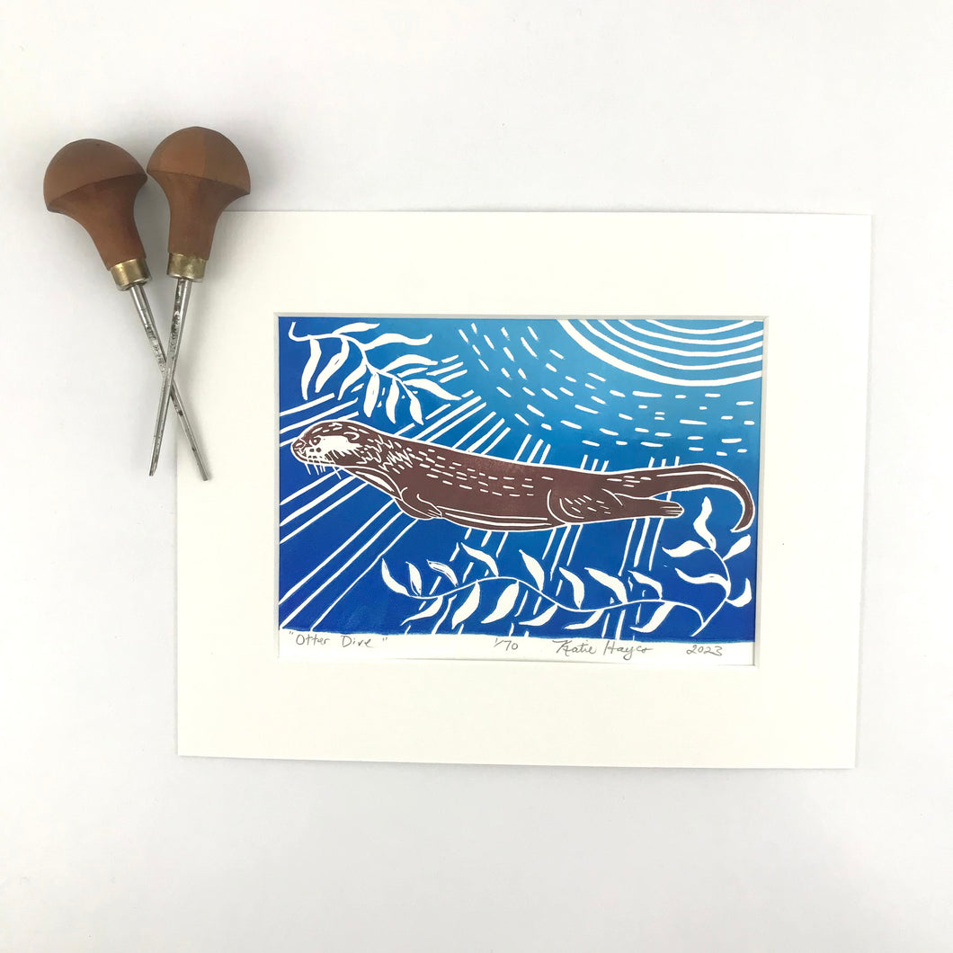 Otter Dive, Blue Edition, Mini Block Print, Limited Edition, Wetland wall art