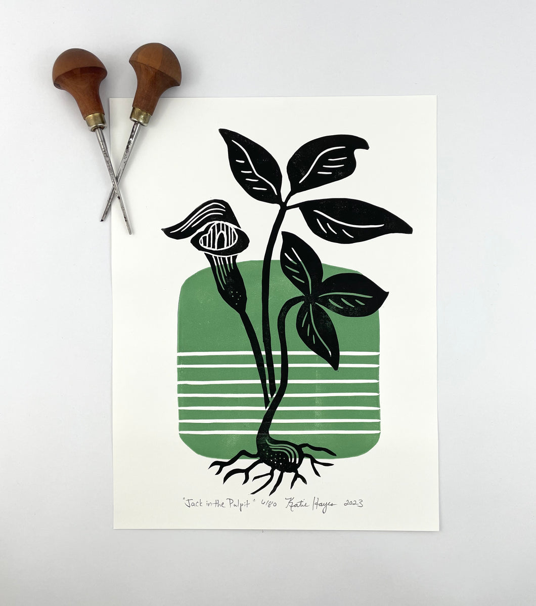 Jack in the pulpit- Mid-century Botanical Limited Edition block print 9X12 paper, 12x16 mat