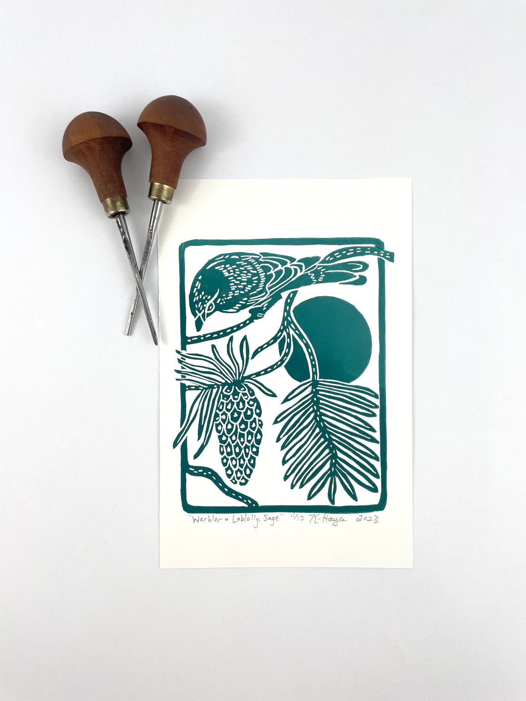 Pine Warbler, Sage Green, Mini Block Print, Limited Edition, backyard bird art