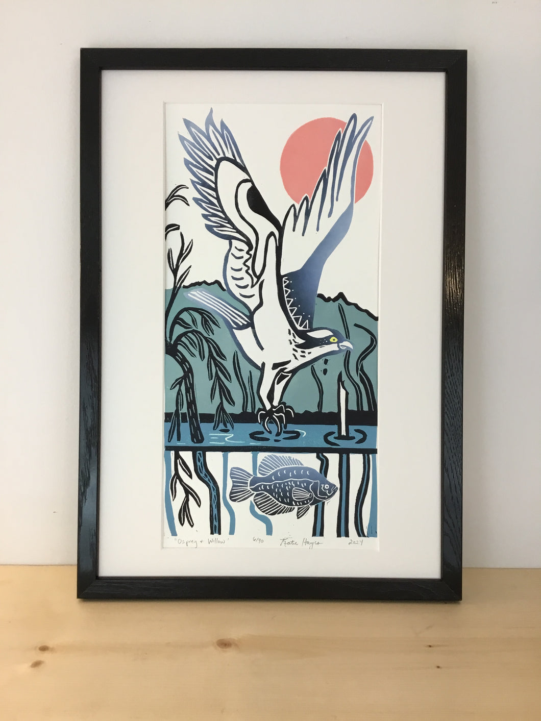 Osprey and Willow, Full color block print with 13x19 mat