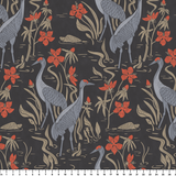 Decorative pattern with gray herons, red flowers, and beige foliage on dark background