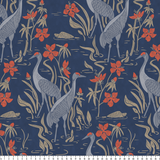 Blue wallpaper pattern with gray cranes, red flowers, and beige cattails in an Asian-inspired design
