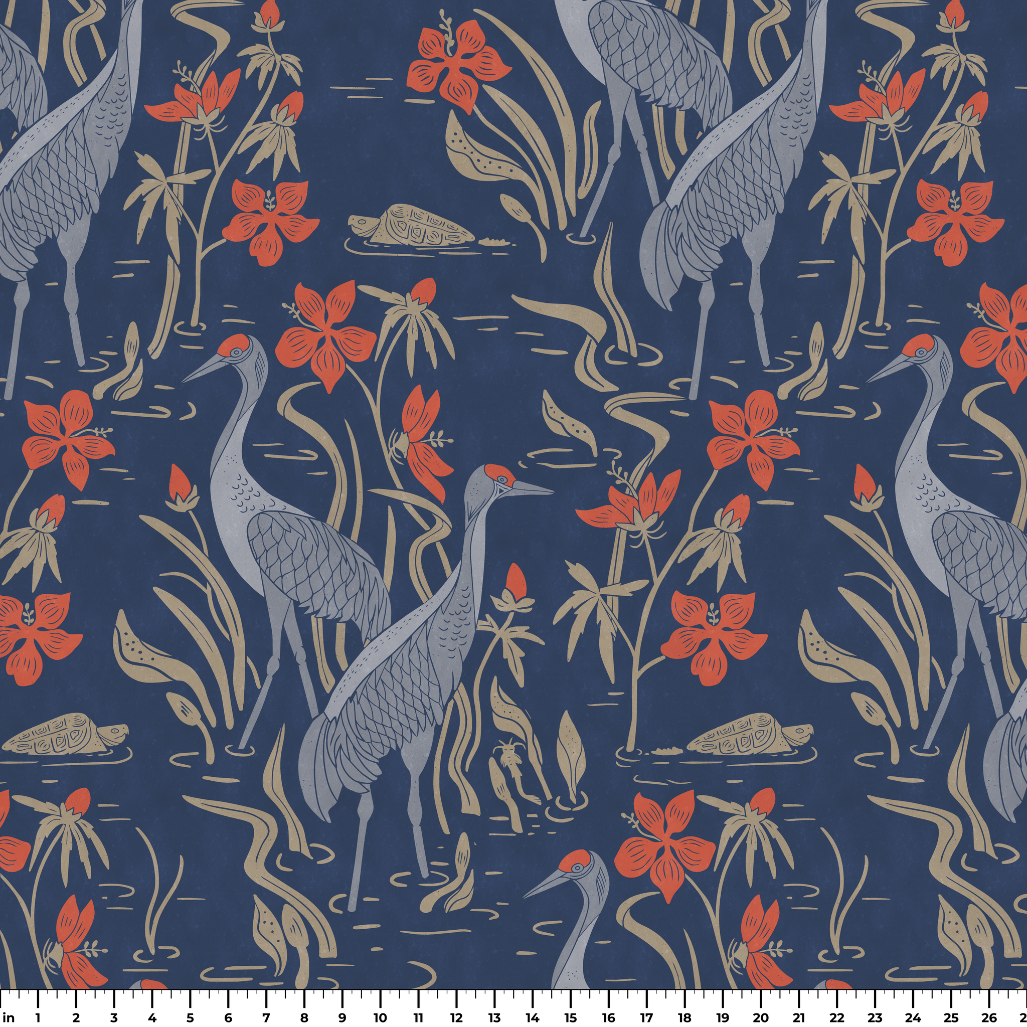 Herons amid flowering plants on navy blue background, decorative pattern with coral blooms and folia