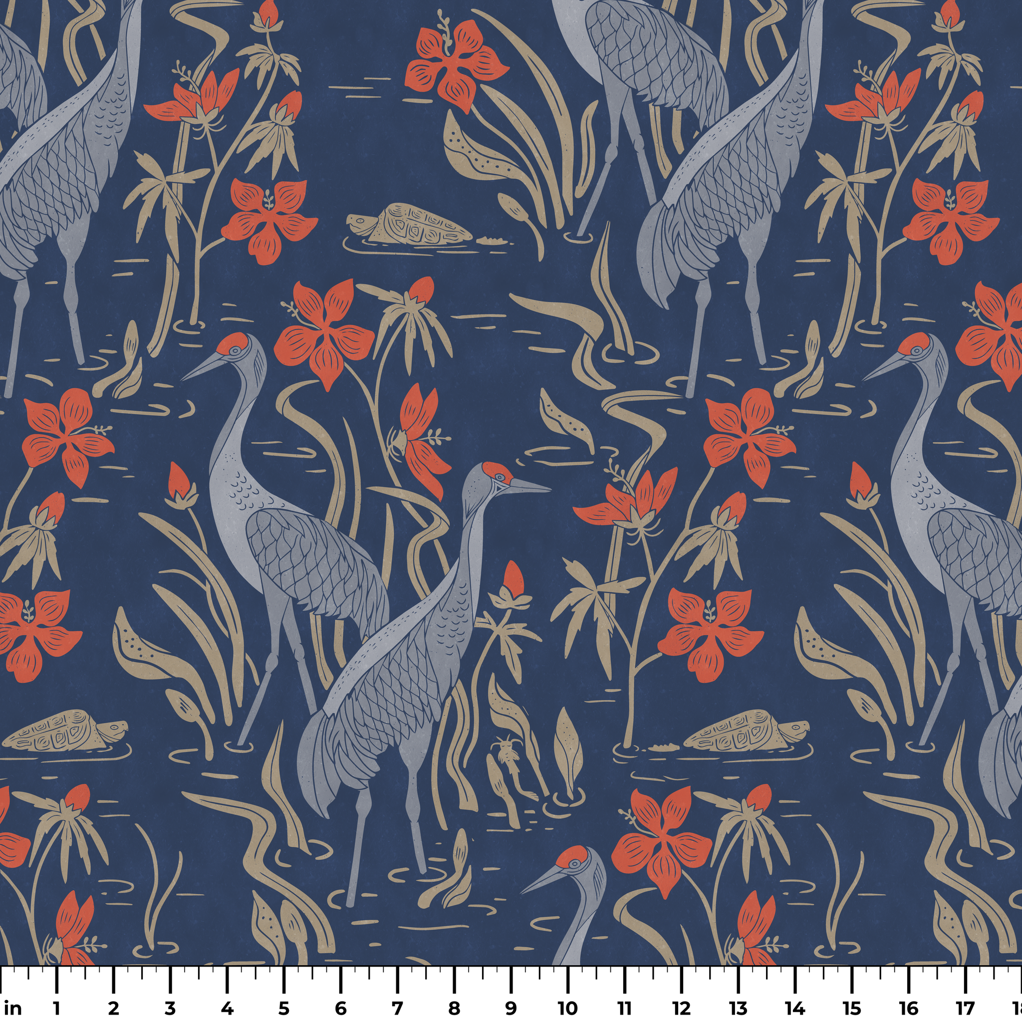 Blue wallpaper pattern with white herons, coral flowers, and green foliage in an Art Nouveau style