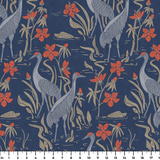 Blue wallpaper pattern with white herons, coral flowers, and green foliage in an Art Nouveau style