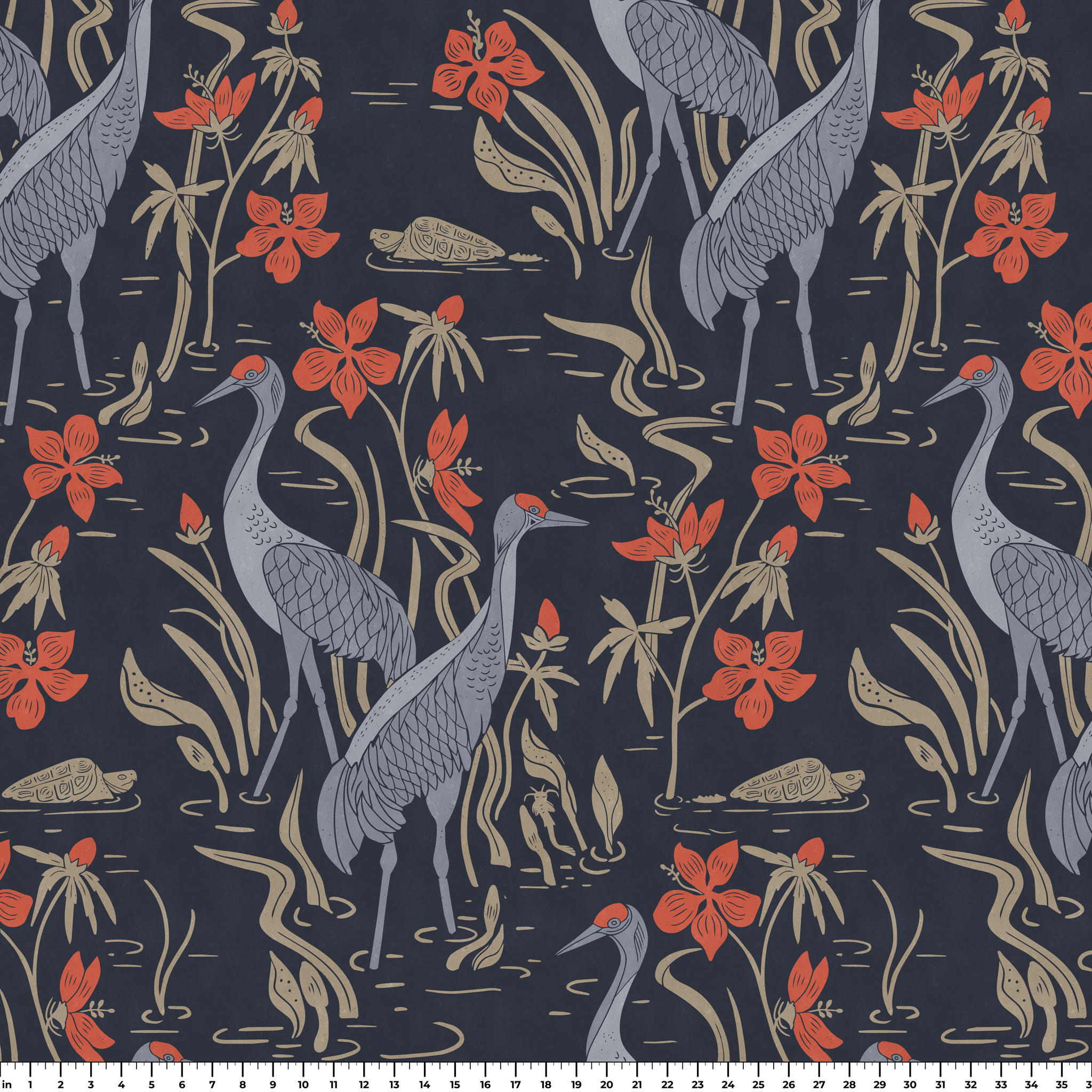 Herons and cranes among reeds and red flowers on dark blue background in decorative pattern