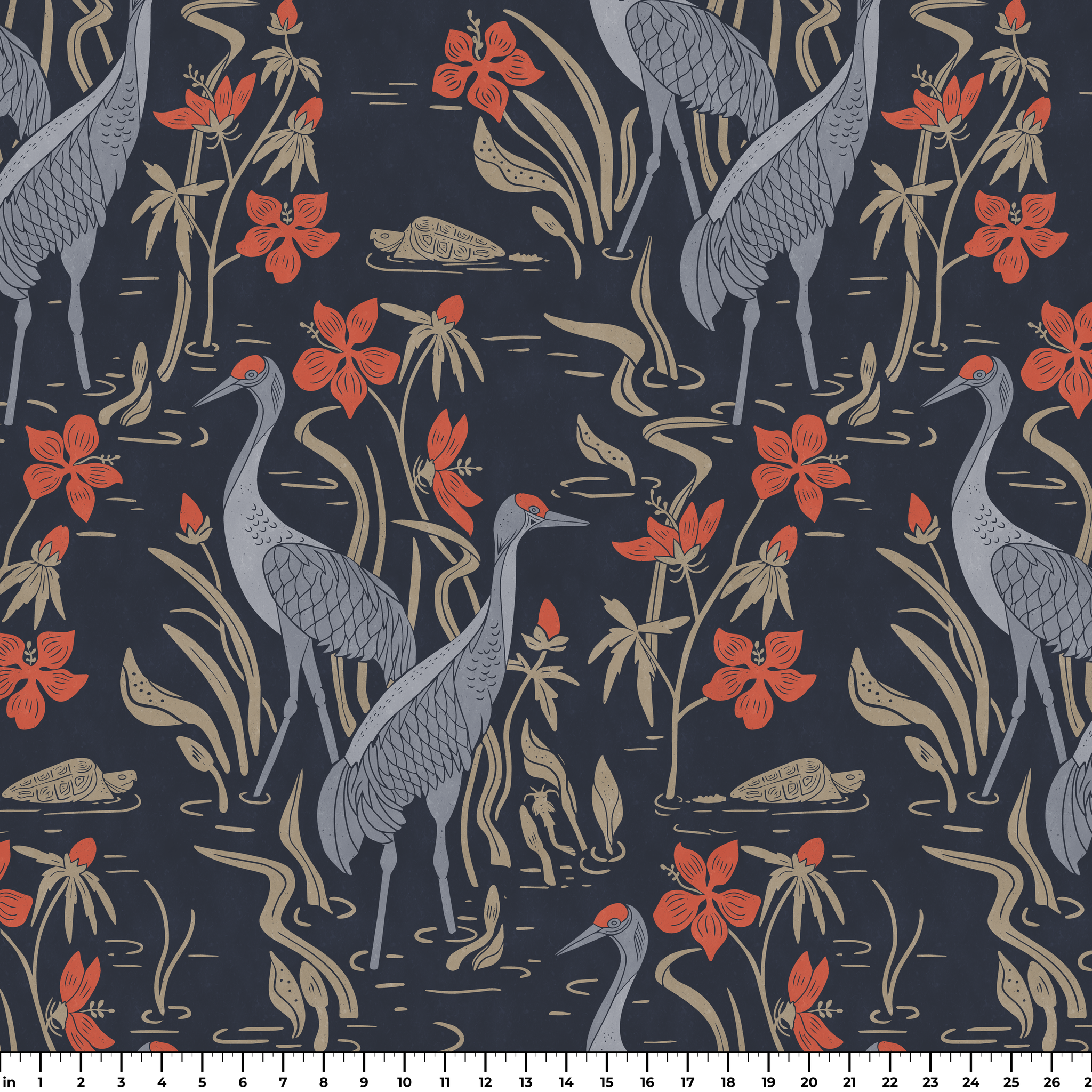 Herons and cranes among red flowers and reeds on dark blue background in decorative pattern