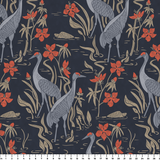 Herons and cranes among red flowers and reeds on dark blue background in decorative pattern