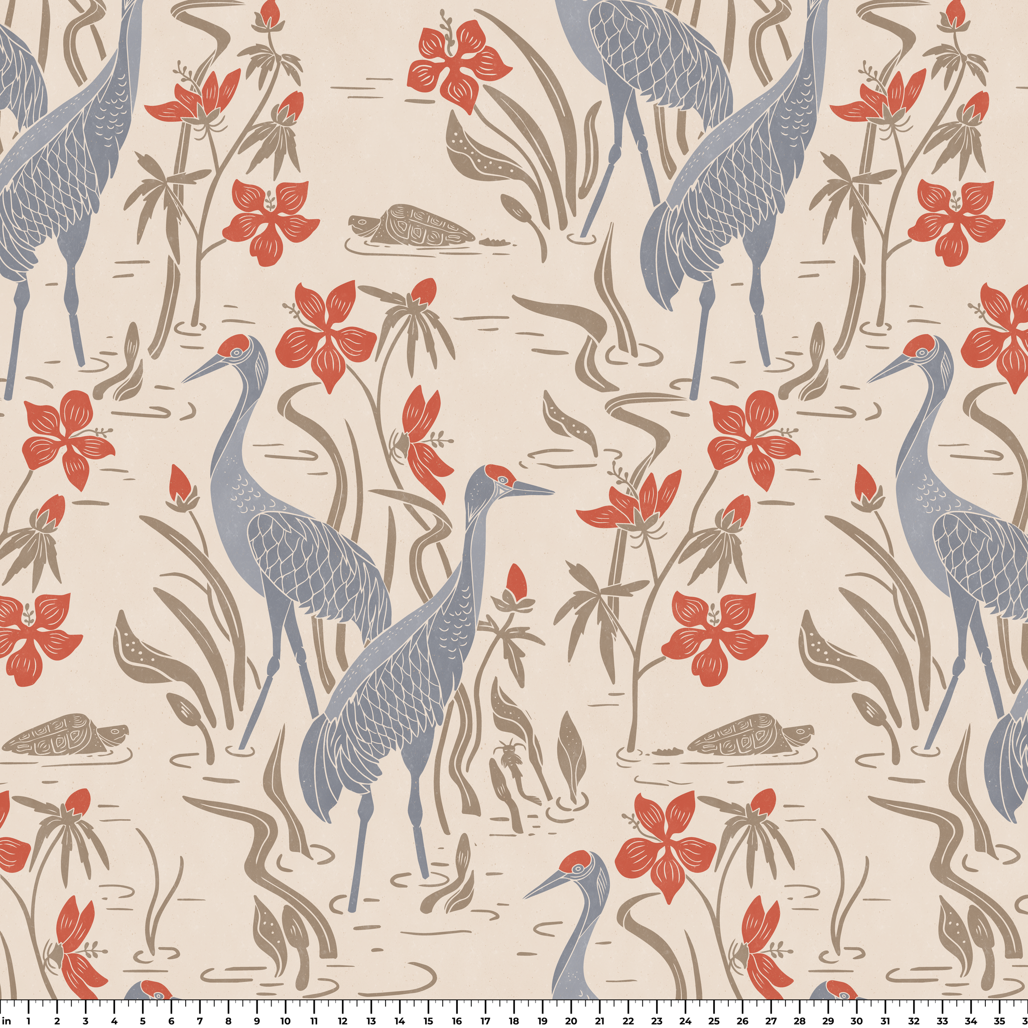 Decorative pattern with blue herons, beige cranes, and red flowers on cream background
