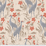 Decorative pattern with blue herons, beige cranes, and red flowers on cream background
