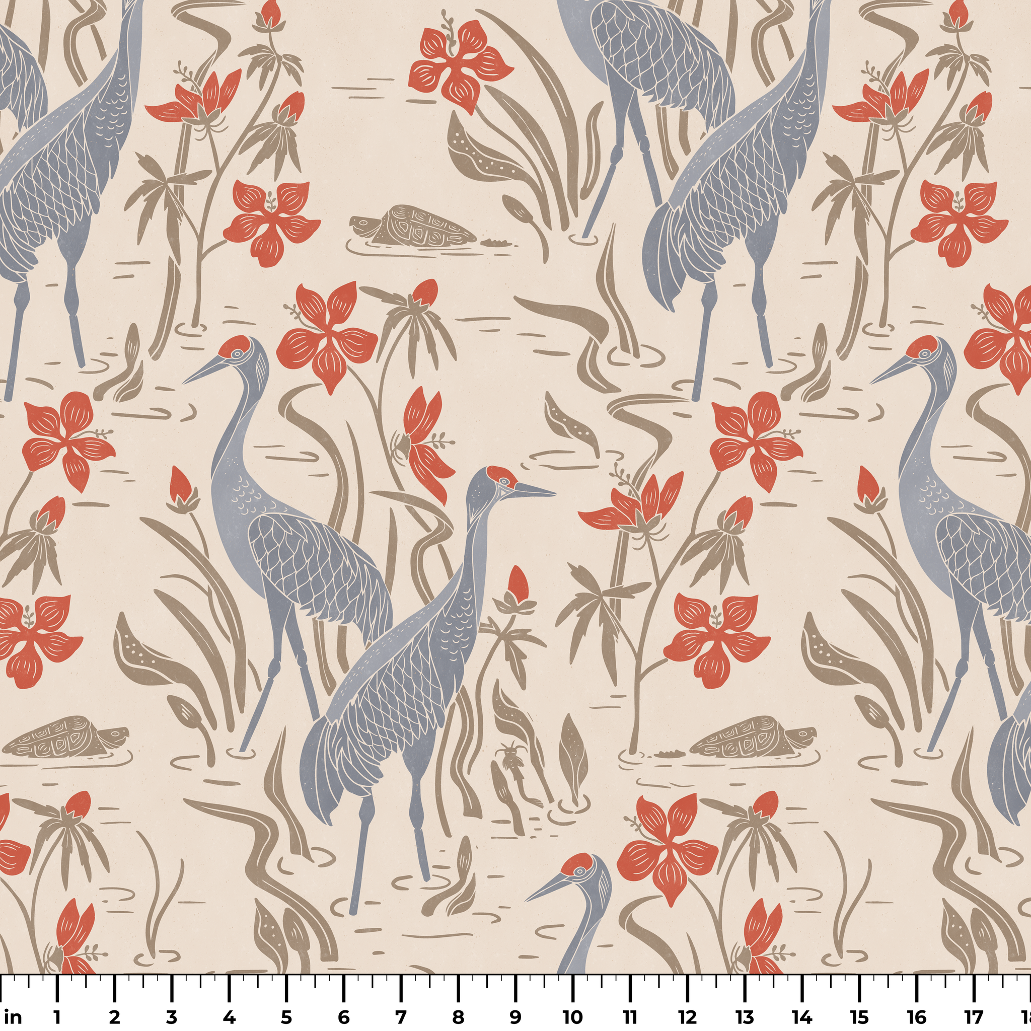 Herons and cranes among red flowers and beige foliage in Asian-inspired decorative pattern