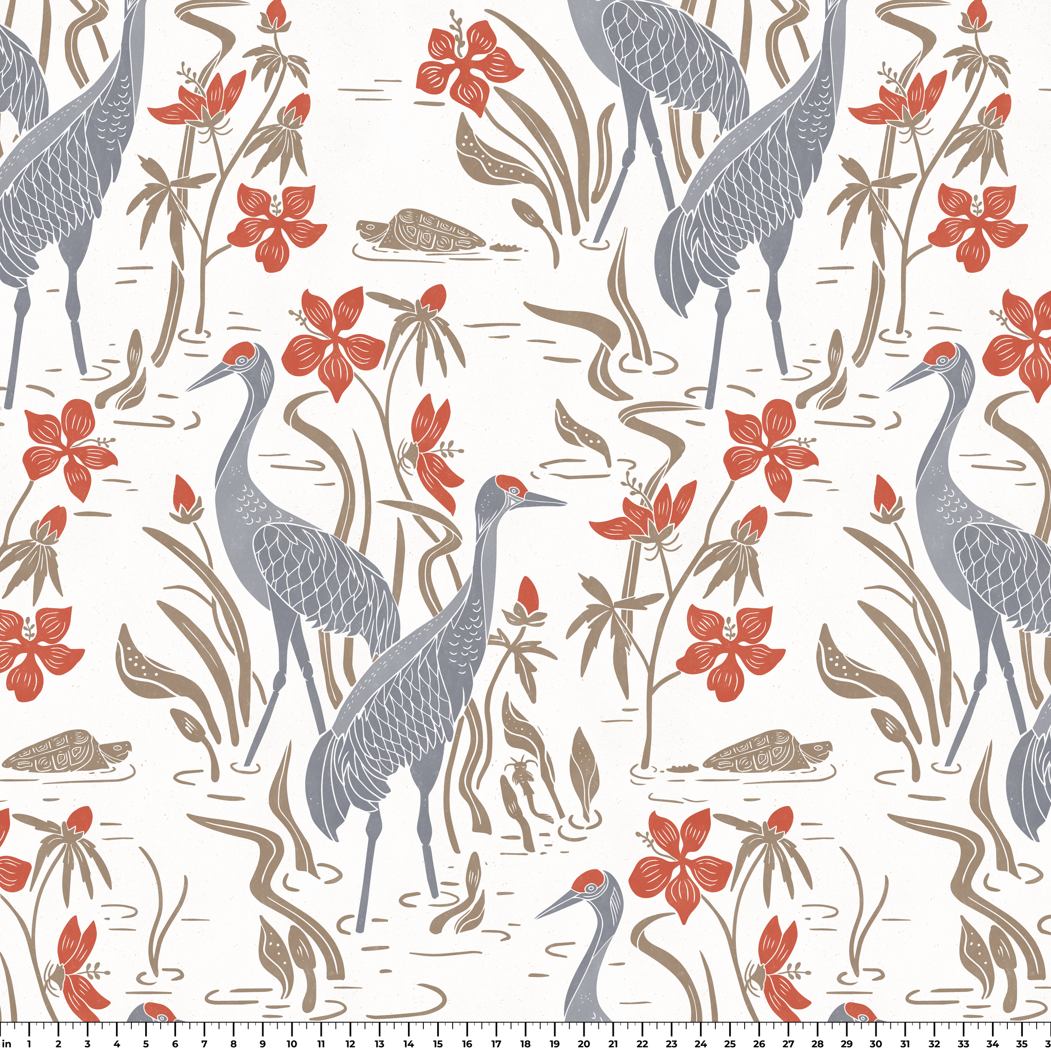 Decorative pattern with gray herons, beige rabbits, and coral-red flowers on white background