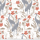 Decorative pattern with gray herons, beige rabbits, and coral-red flowers on white background