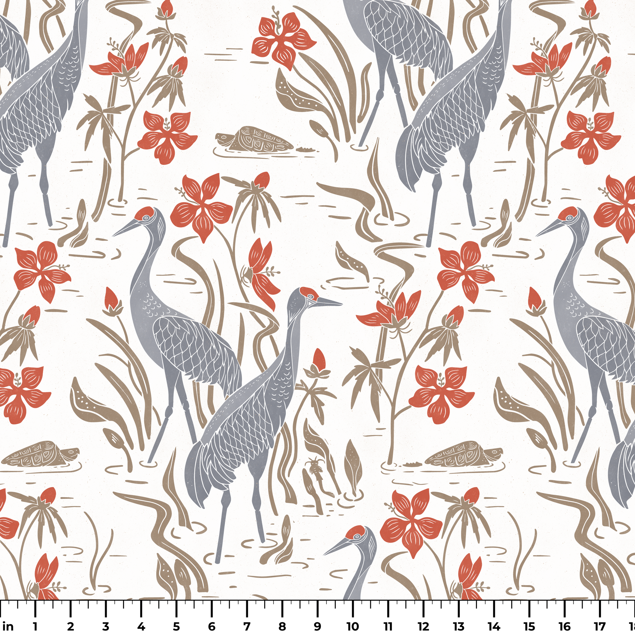 Decorative pattern with gray herons, brown rabbits, and red-orange flowers on white background
