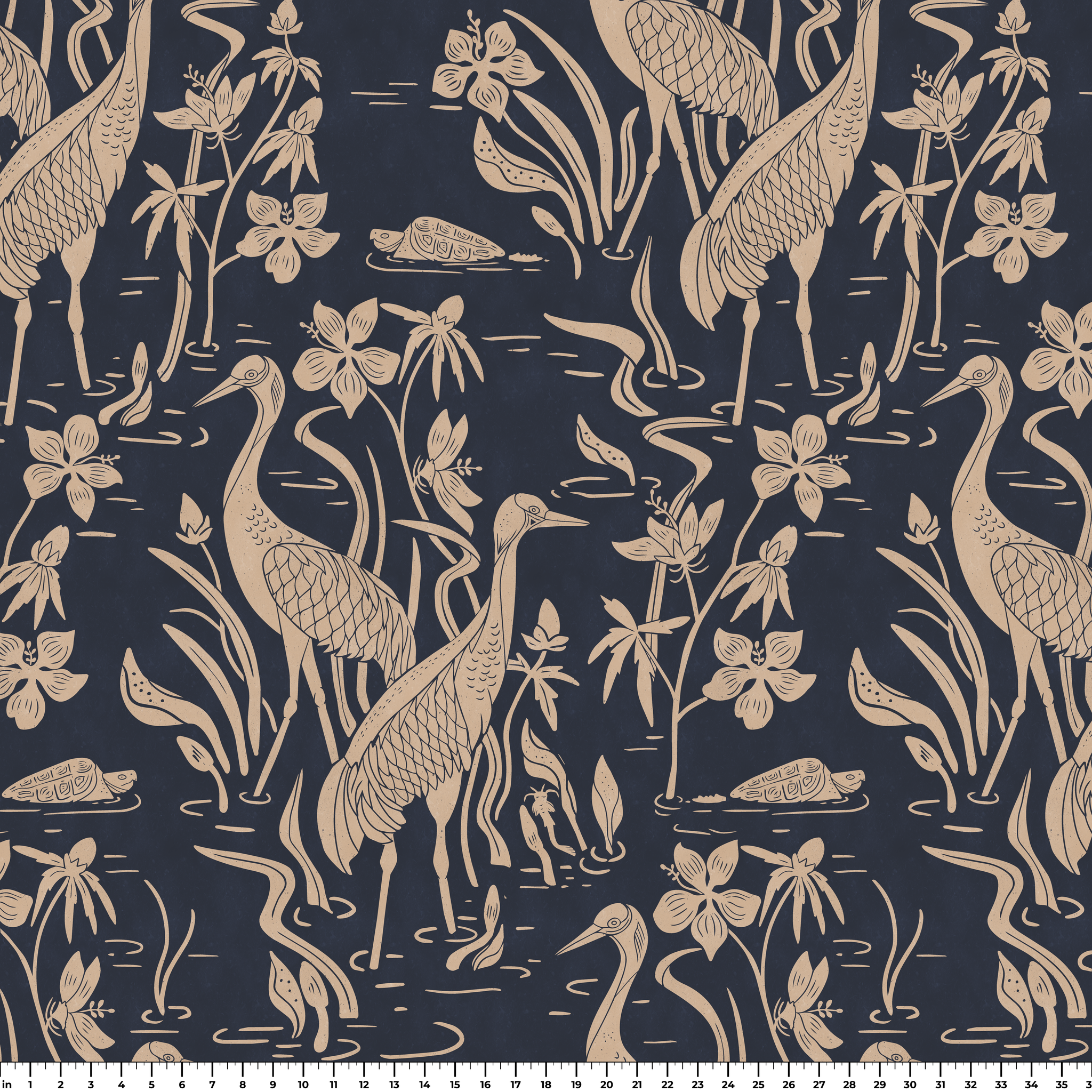 Herons and cranes among reeds and flowers in beige on dark navy blue background