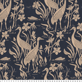 Herons and cranes among reeds and flowers in beige on dark navy blue background